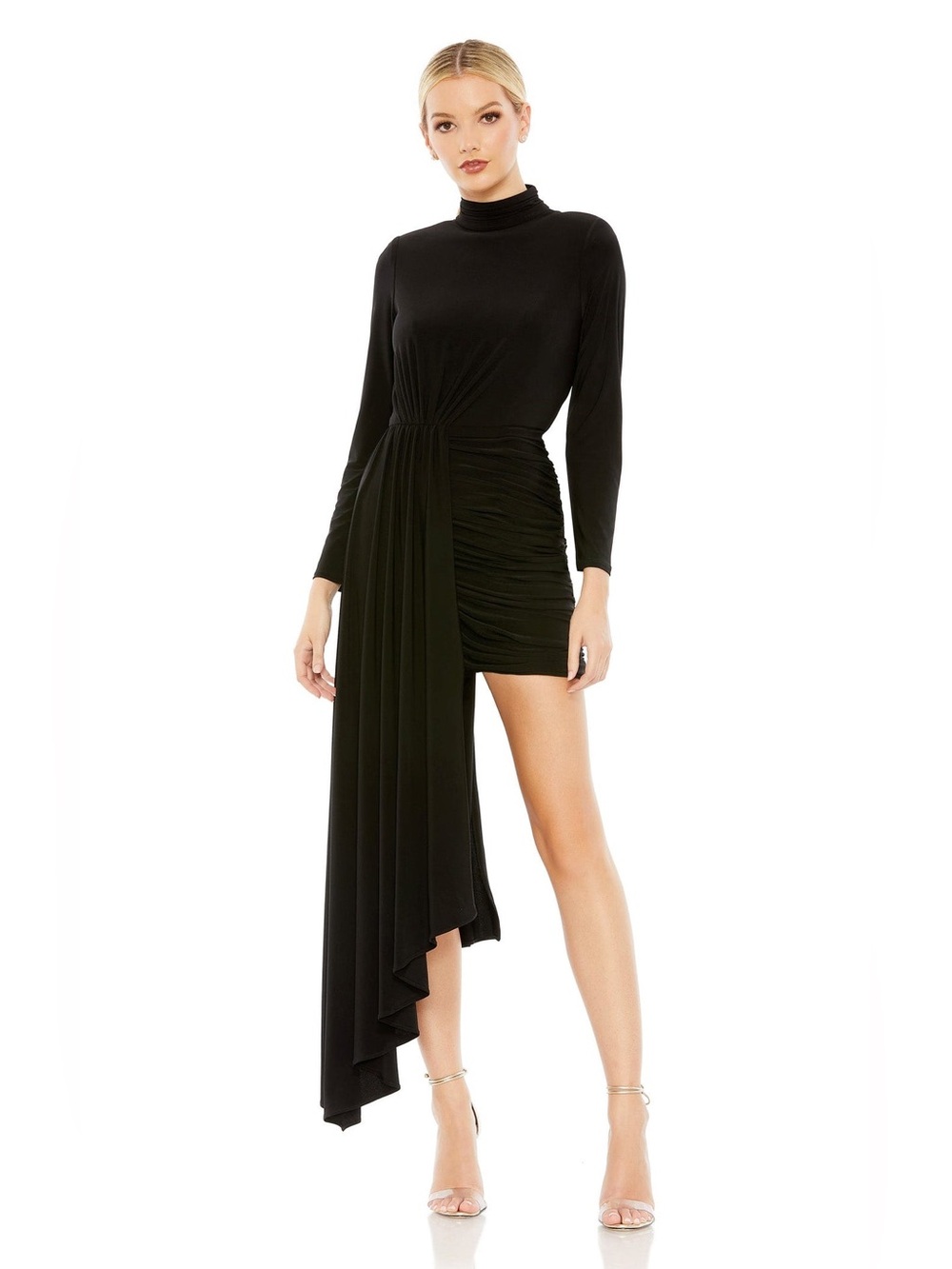 Zara Black Long-Sleeve Draped Asymmetric Mini Dress